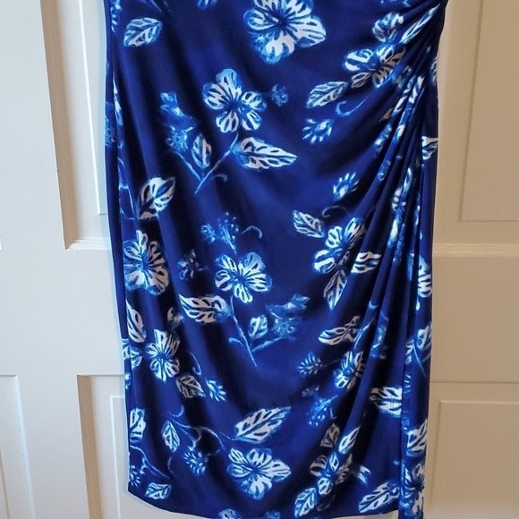 LAUREN RALPH LAUREN BLUE WHITE FLORAL STRETCH KNIT V-NECK RUCHED DRESS SIZE 12 - Picture 4 of 12